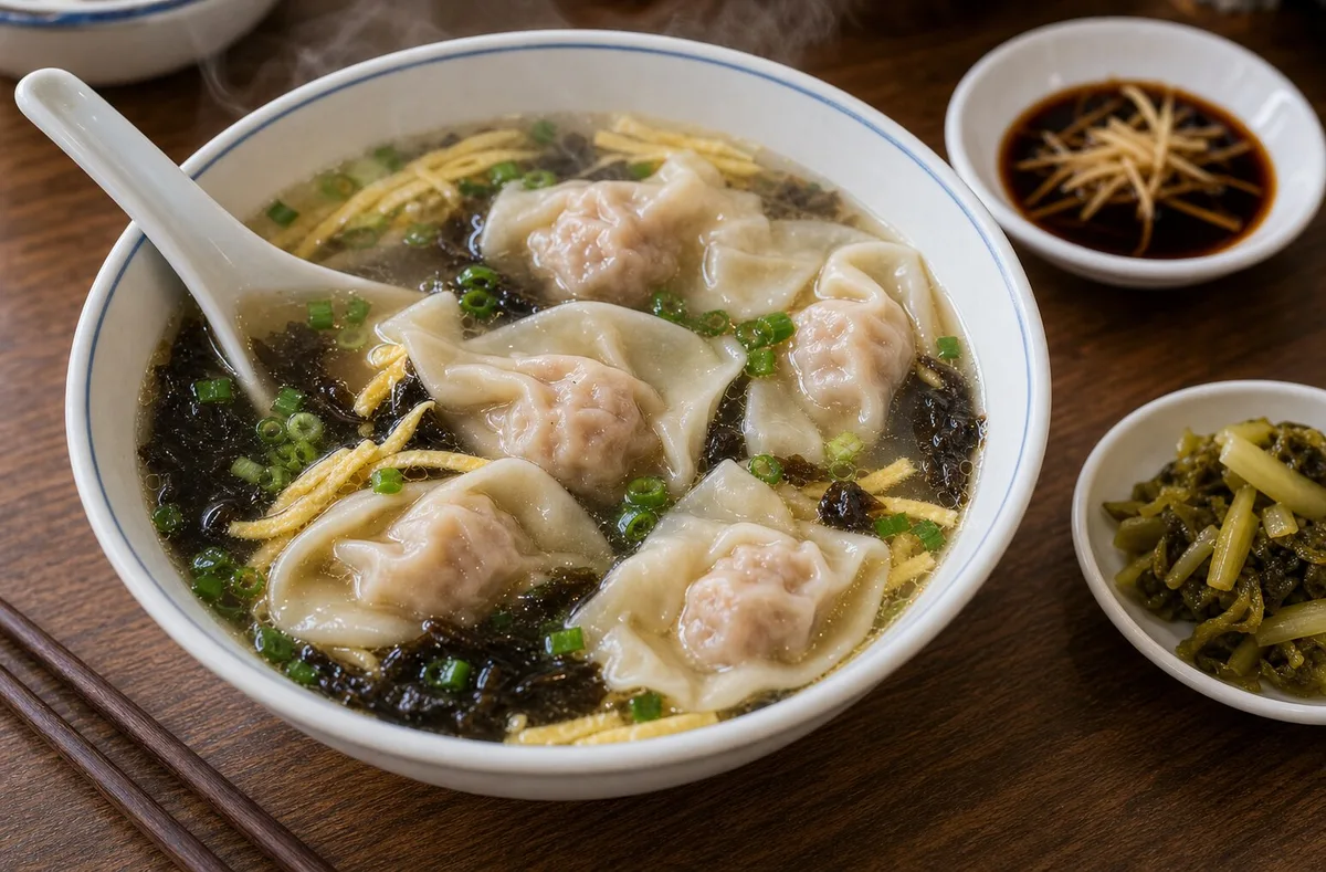 Local Shanghai wonton soup table with vinegar preserved greens spoon and chopsticks