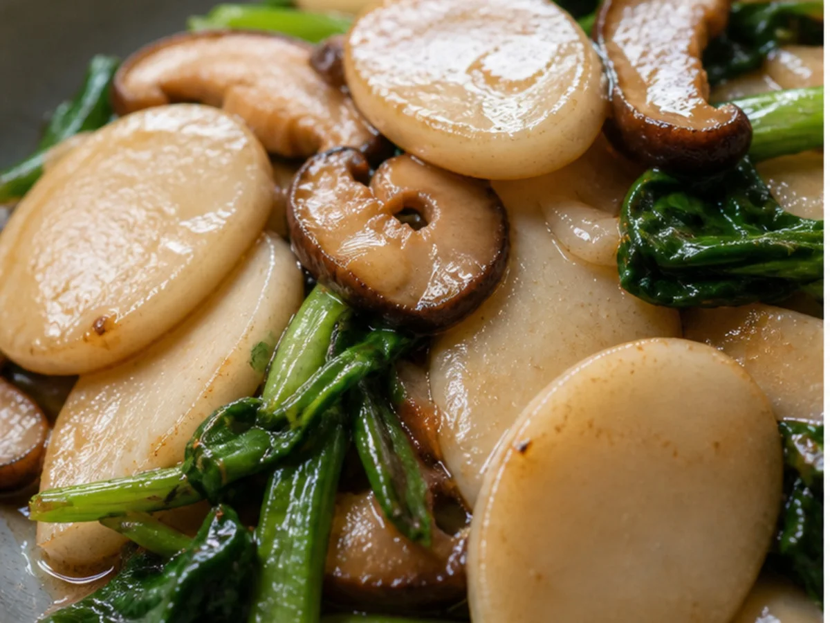 Shanghai nian gao rice cake slices stir-fried with greens