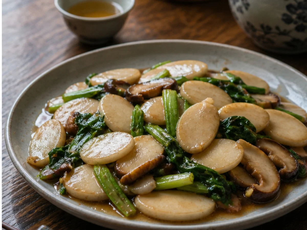 Shared plate of stir-fried Shanghai rice cakes
