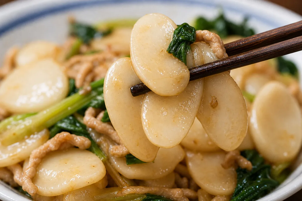 Close-up of chewy Shanghai nian gao rice cake slices lifted with chopsticks