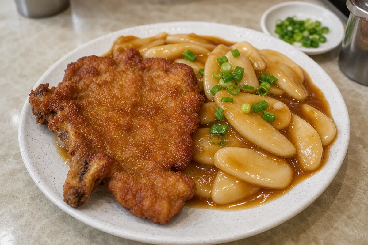 Shanghai paigu niangao with fried pork chop and rice cake slices