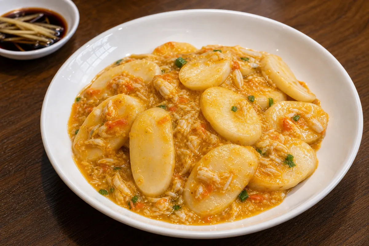 Shanghai crab roe rice cakes with orange crab sauce and visible nian gao slices