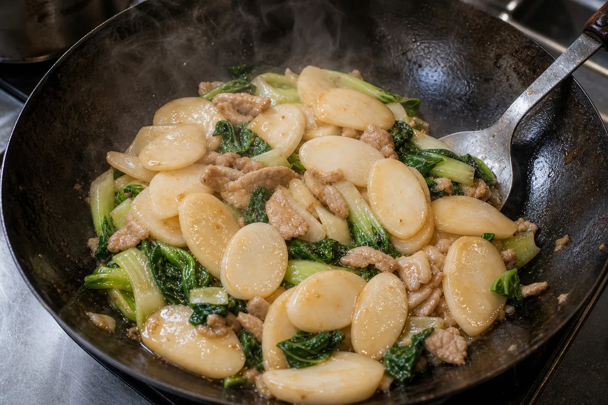 Shanghai rice cake slices stir-fried in a wok with greens and pork