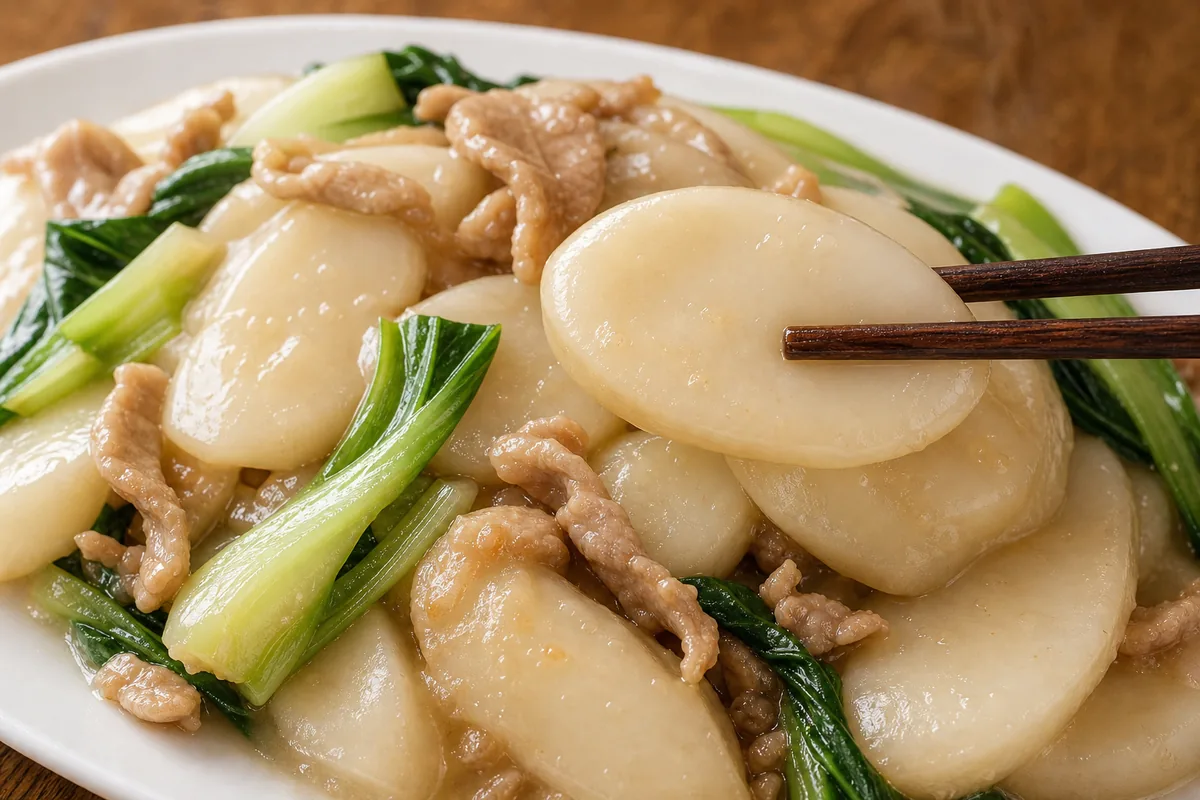 Close-up of chewy Shanghai nian gao rice cake slices with greens and shredded pork