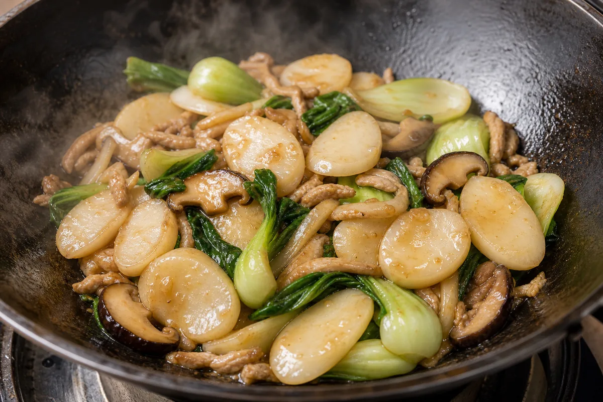 Shanghai nian gao rice cakes tossed in a wok with bok choy mushrooms and shredded pork