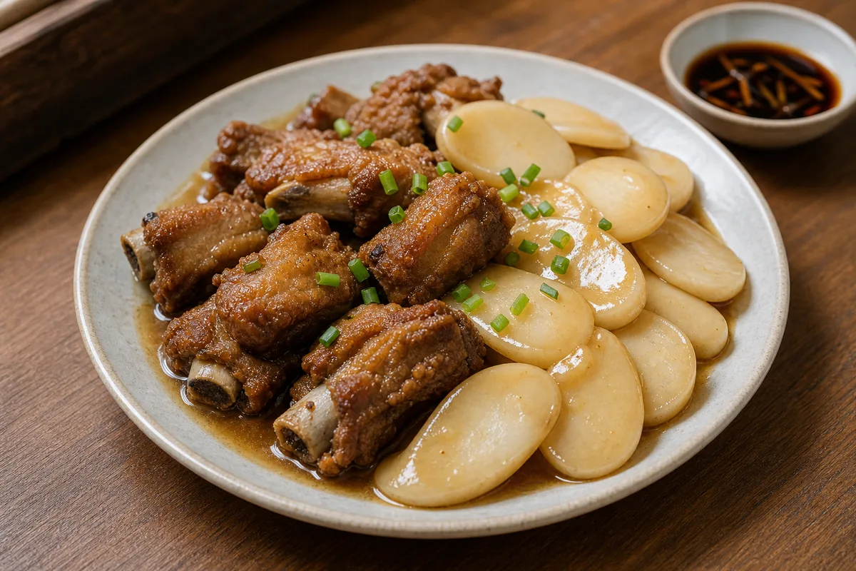 Shanghai paigu niangao with pork ribs and oval rice cake slices in sweet savory sauce
