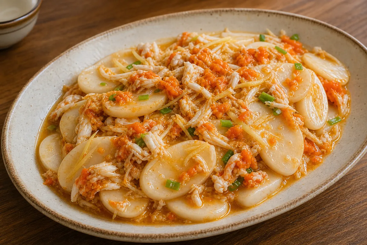 Shanghai crab rice cakes with orange crab roe sauce scallions and ginger