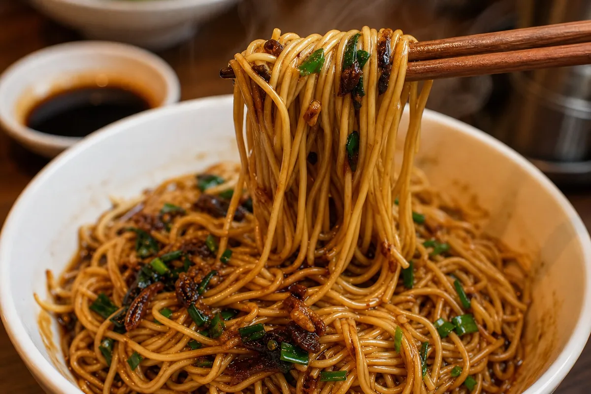 Scallion oil noodles lifted with chopsticks showing glossy coated strands