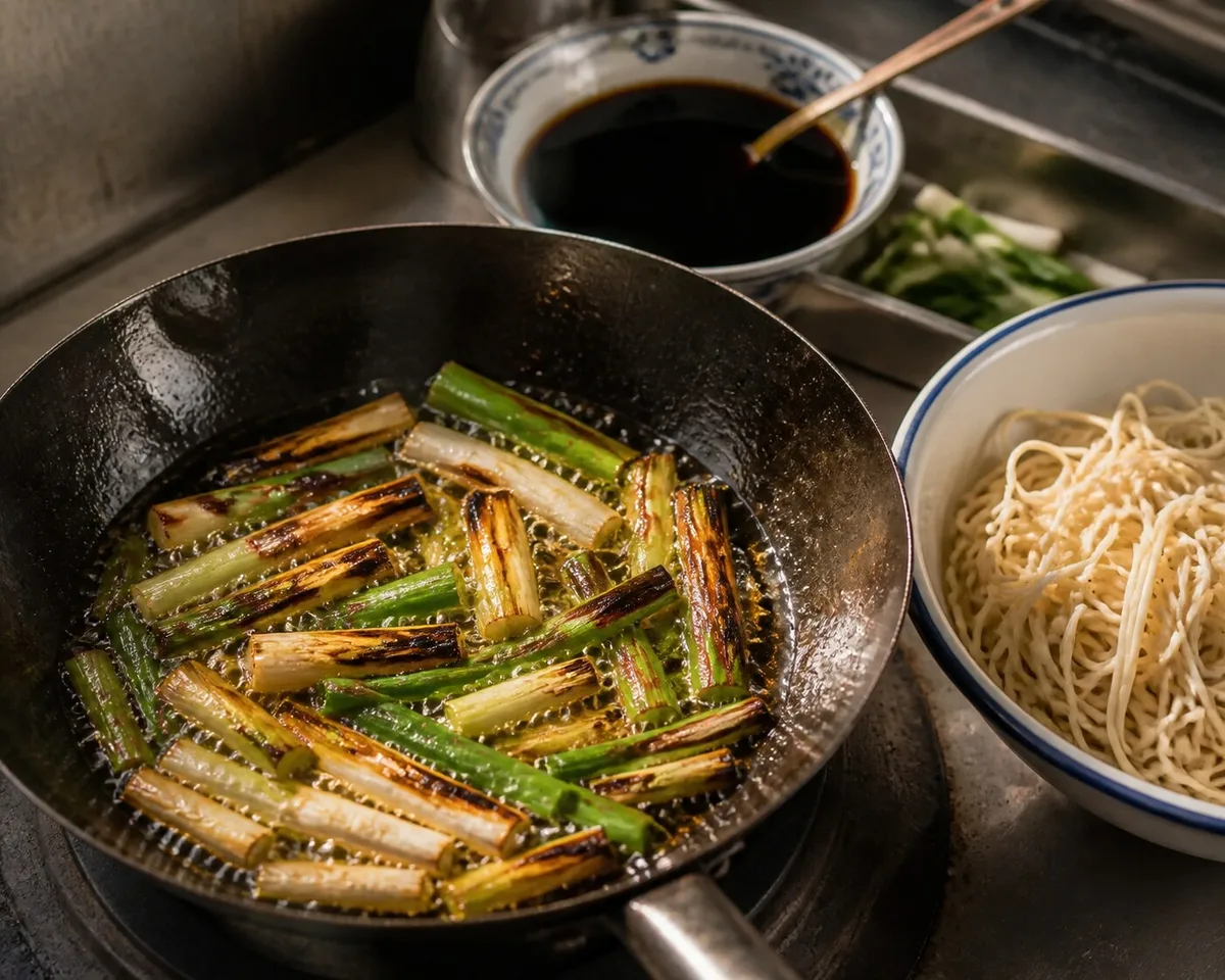 Scallion segments frying in oil for Shanghai cong you ban mian sauce