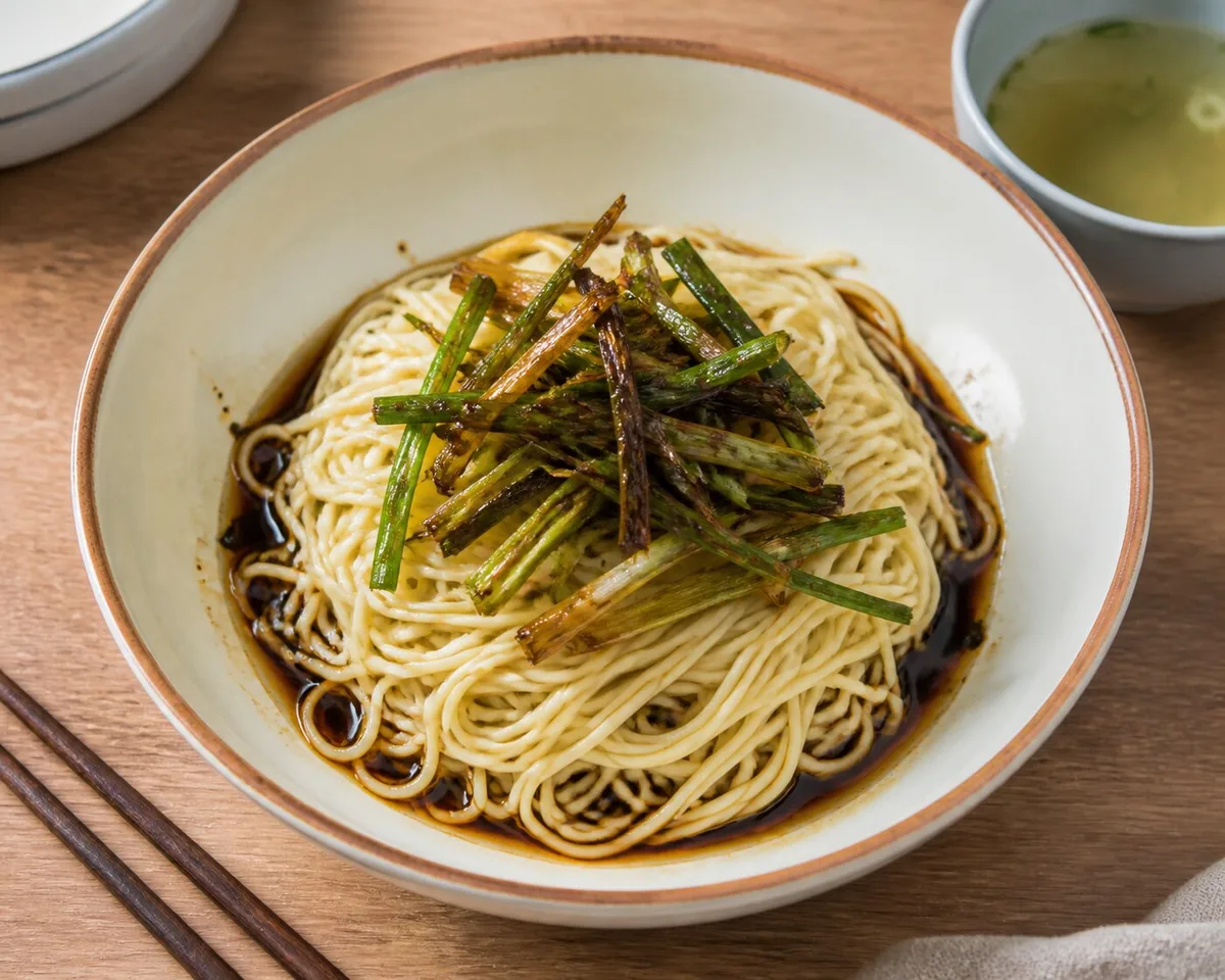 Shanghai scallion oil noodles before mixing with dark sauce at the bottom of the bowl