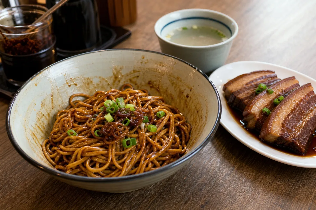 Finished bowl of Shanghai scallion oil noodles with braised pork belly and light soup