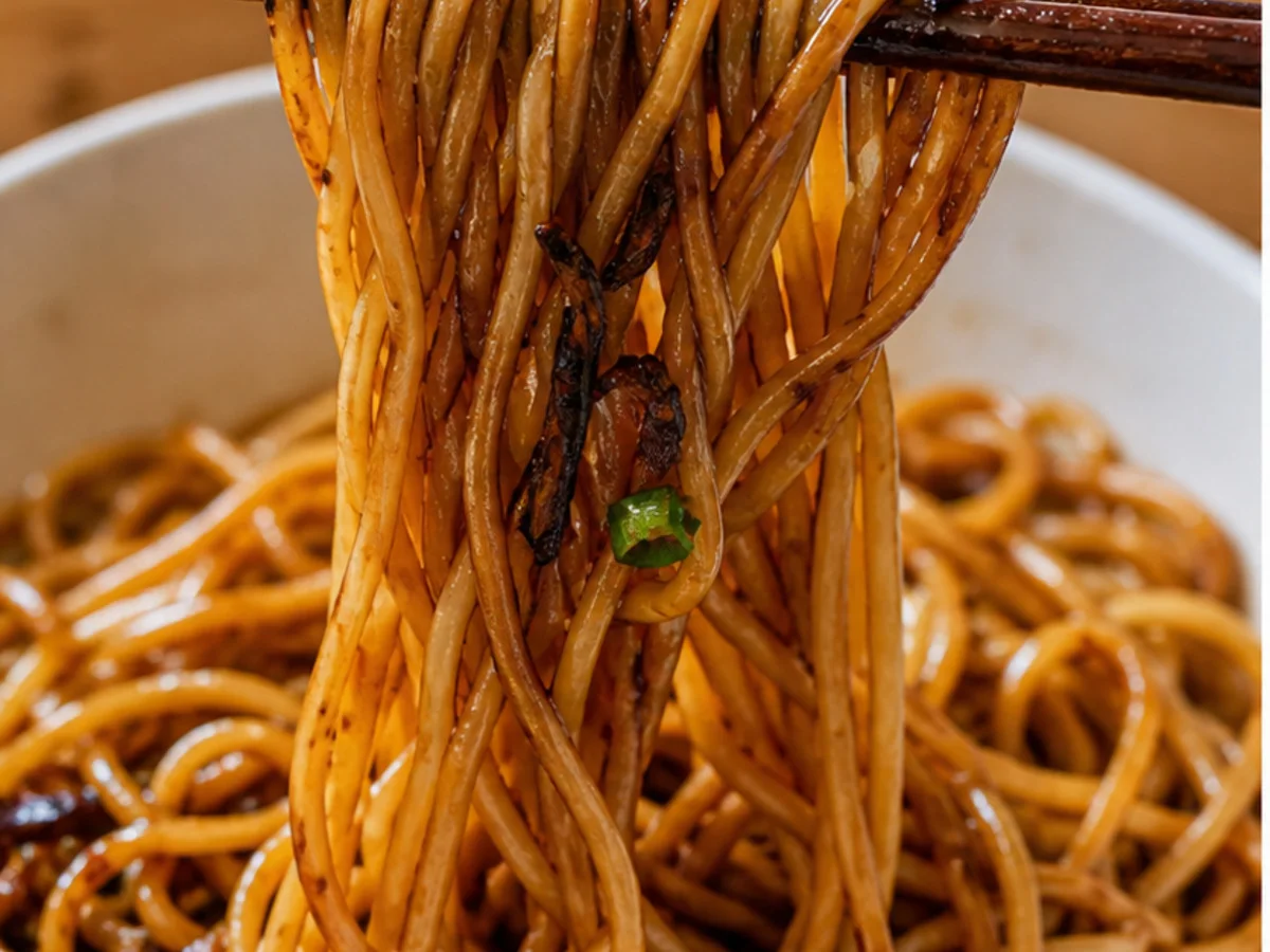 Shanghai scallion oil noodles lifted with chopsticks