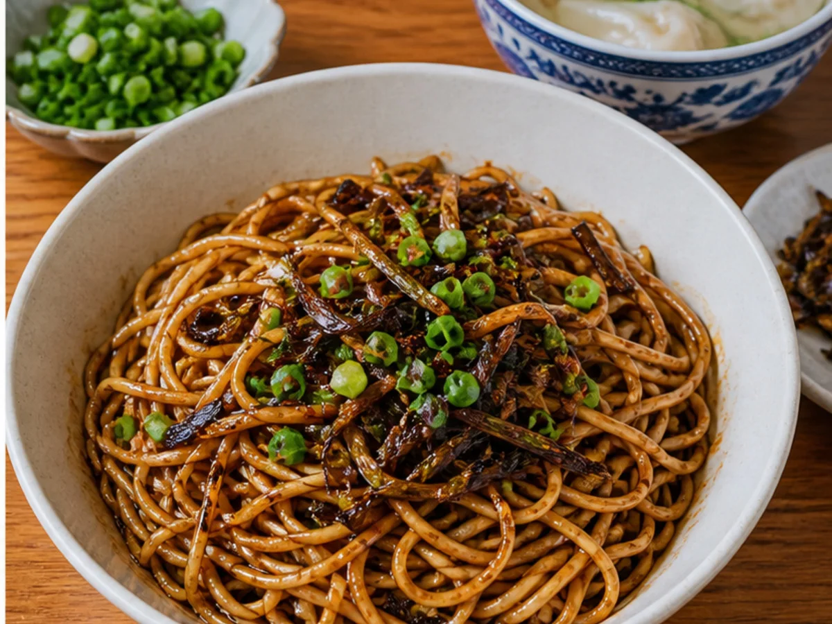 Bowl of cong you ban mian with fried scallions and soy sauce