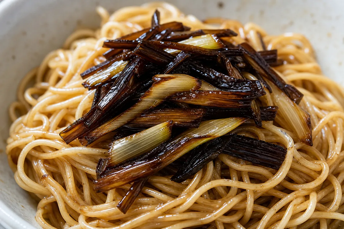 Close-up of fried scallion strips on Shanghai scallion oil noodles