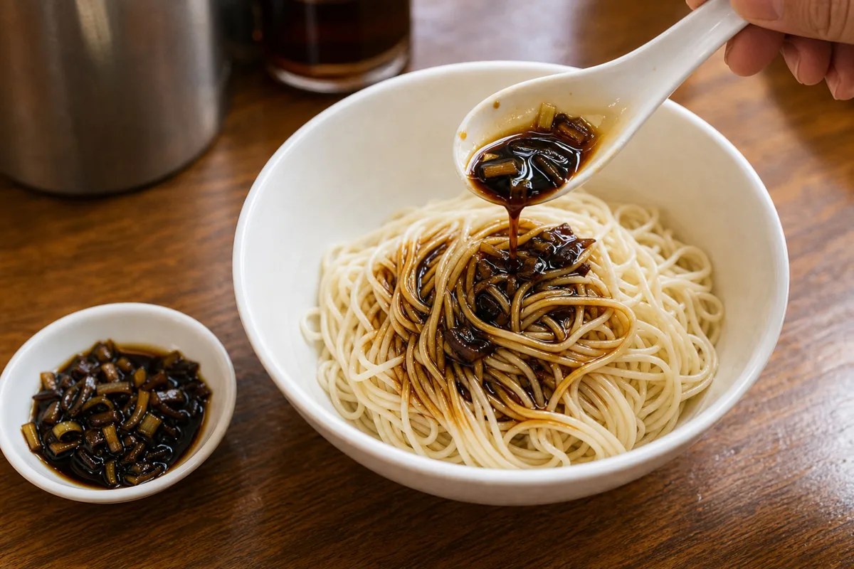Dark soy scallion oil sauce being added to Shanghai noodles