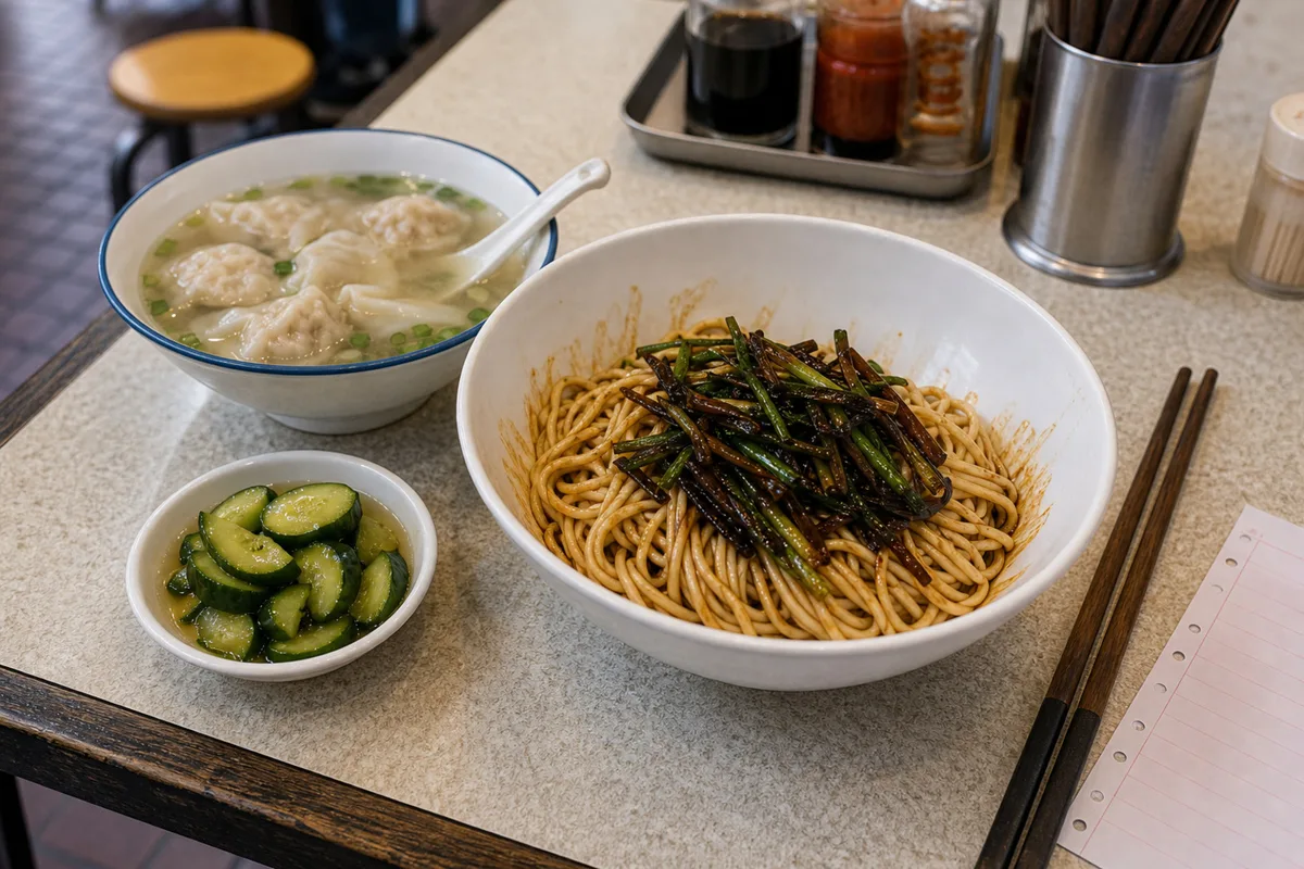 Shanghai noodle shop table with scallion oil noodles and light side dishes
