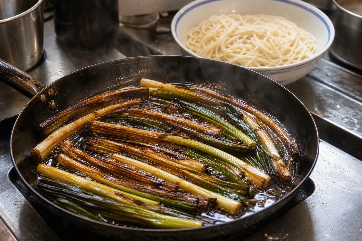 Scallion sections frying in oil for Shanghai scallion oil noodles