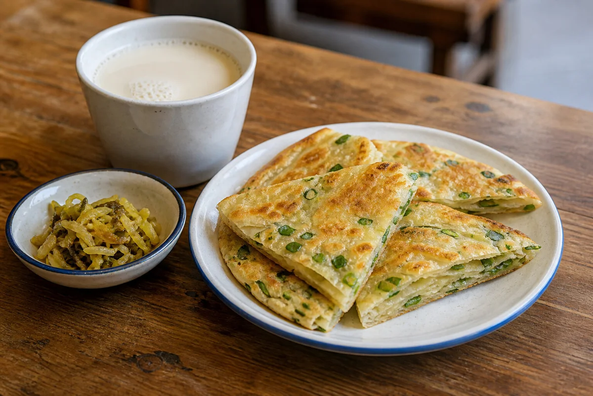 Shanghai breakfast table with scallion pancake pieces, soy milk, and pickled vegetables
