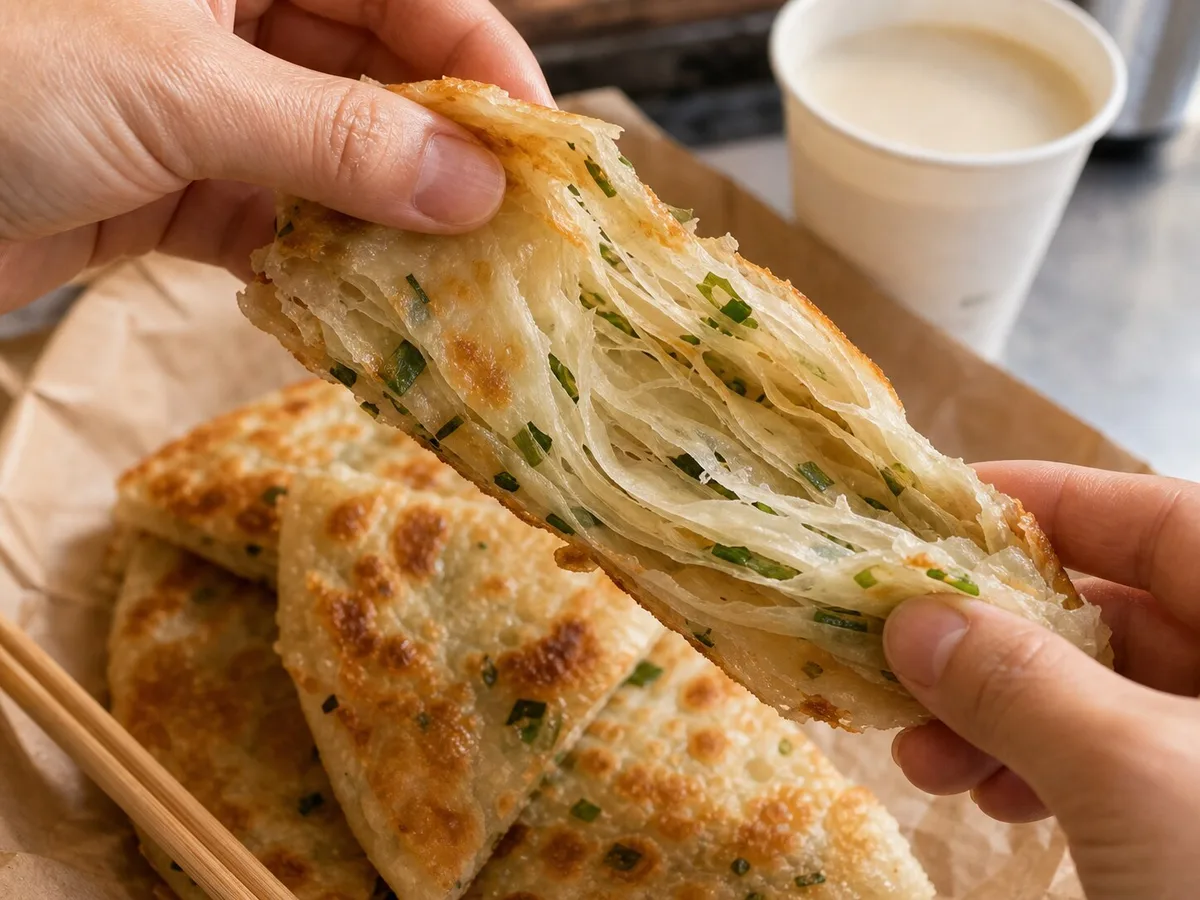 Shanghai scallion pancake wedge pulled apart to show flaky layers and scallion
