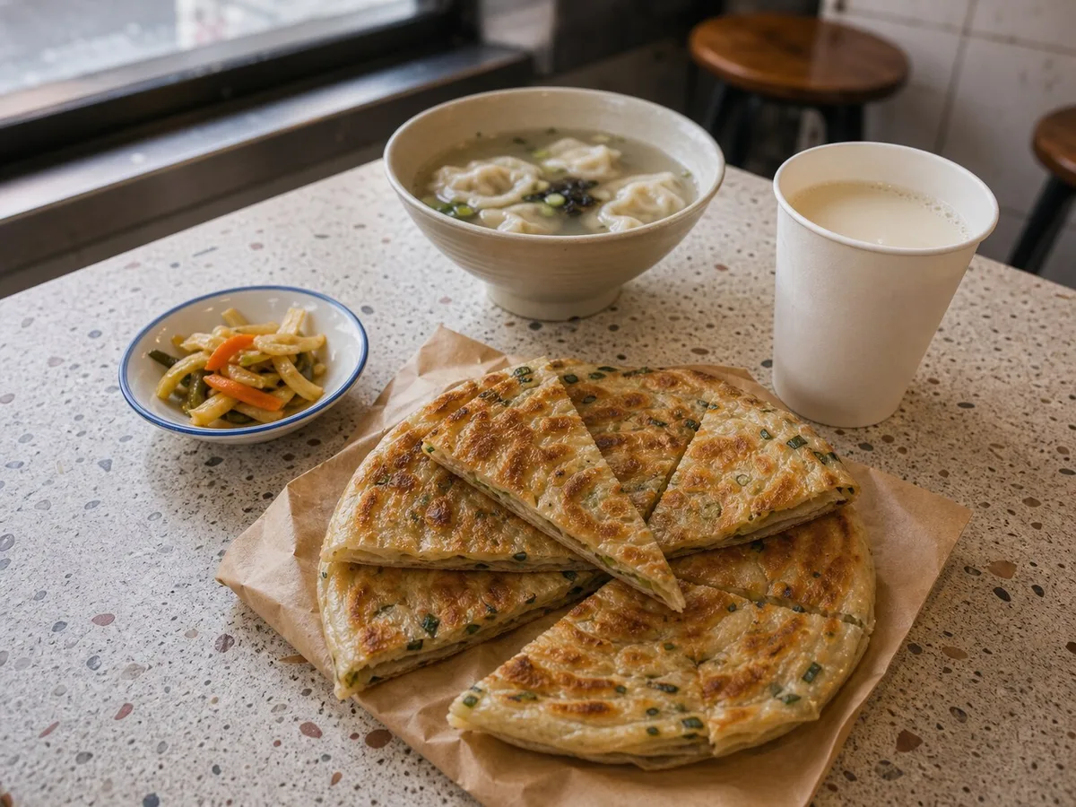 Shanghai breakfast table with scallion pancake wedges soy milk wonton soup and pickles