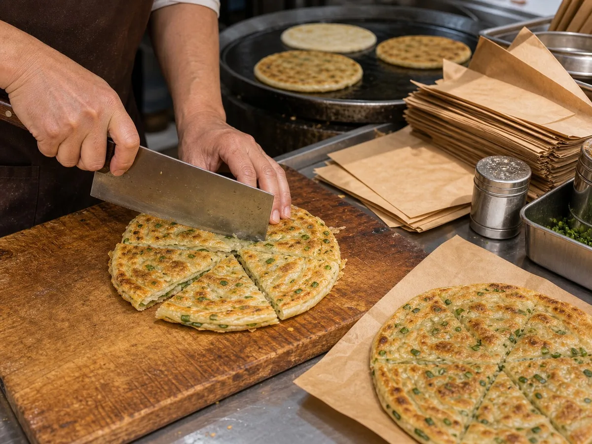 Breakfast stall cutting a fresh Shanghai scallion pancake into wedges