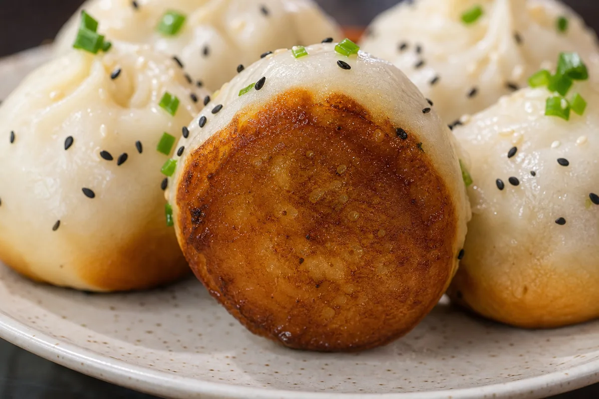 Close-up of a golden crispy bottom on Shanghai shengjian mantou