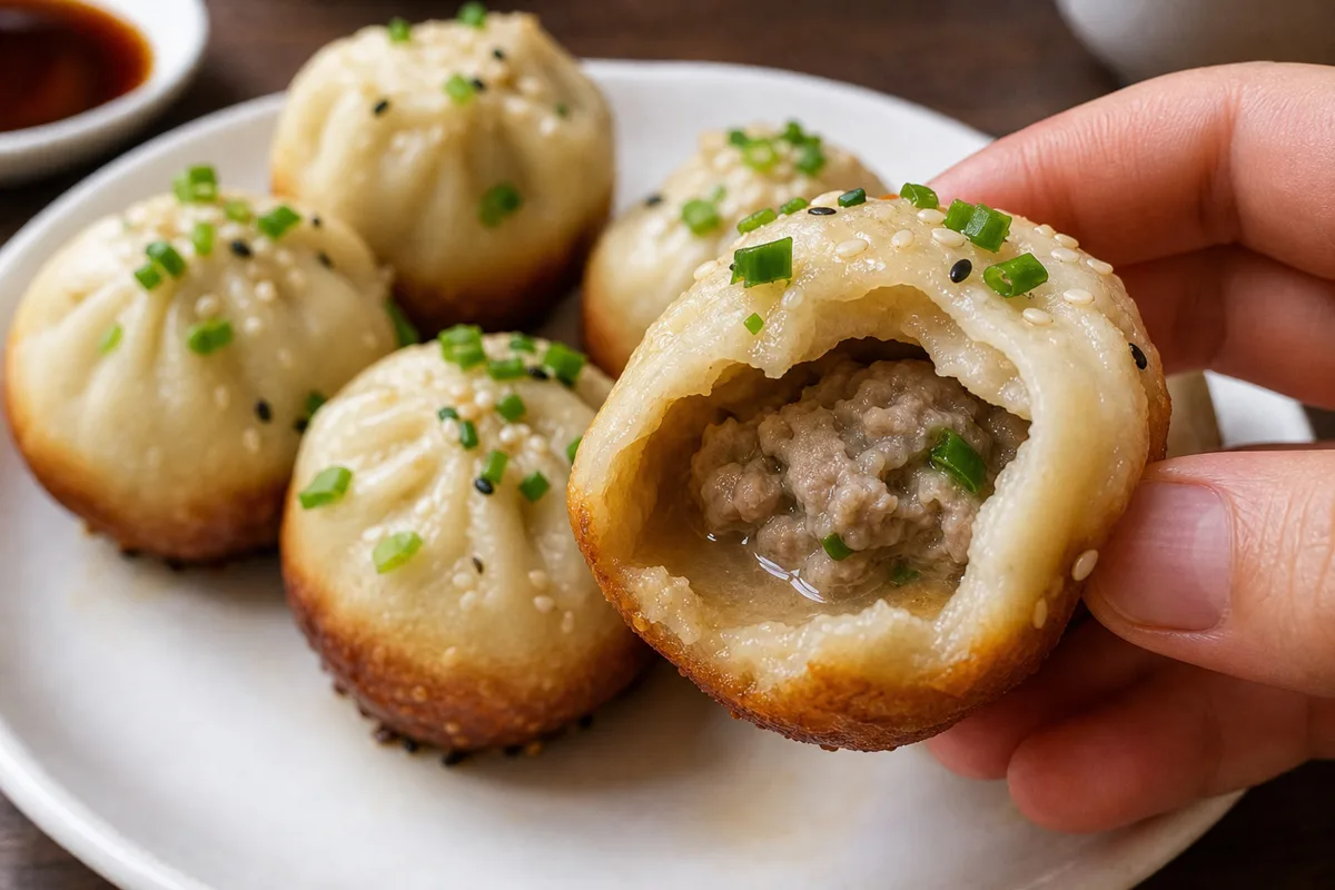 Shanghai shengjianbao opened to show juicy pork filling and hot broth