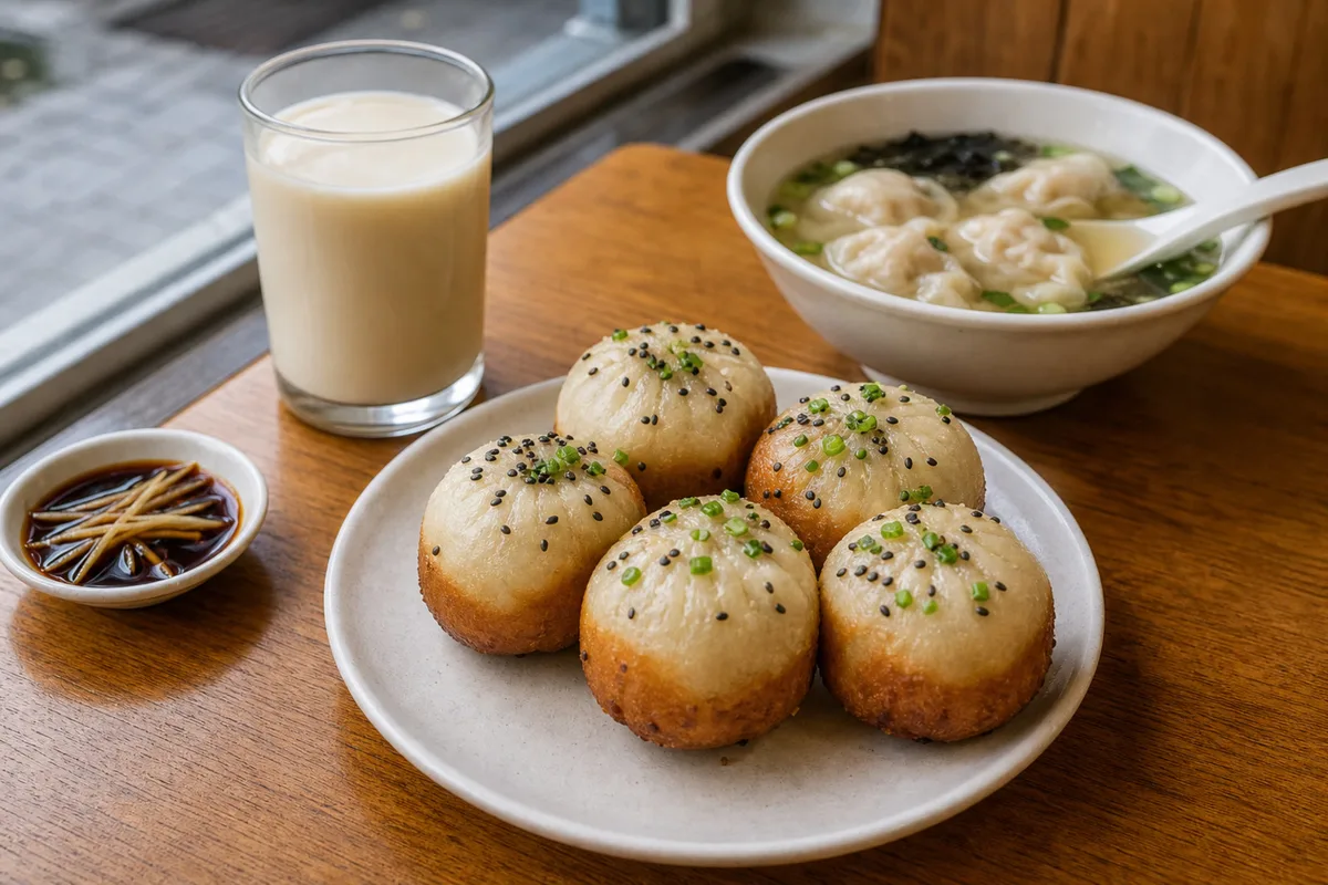 Shanghai breakfast table with shengjianbao, soy milk, and wonton soup