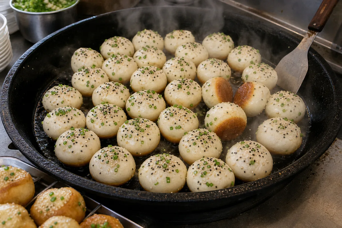 Fresh Shanghai shengjian mantou cooking in a large breakfast shop pan