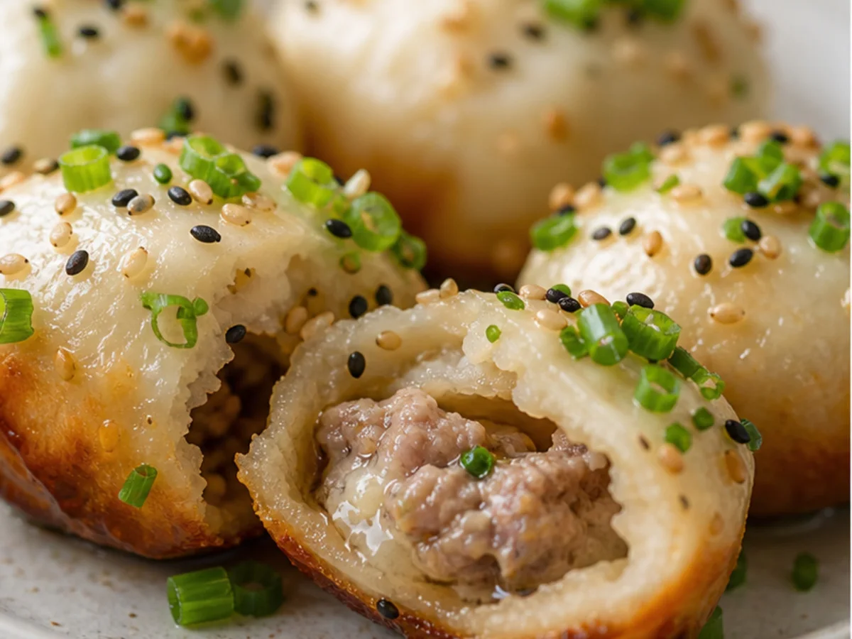 Close-up of shengjianbao with crisp bottom and juicy filling