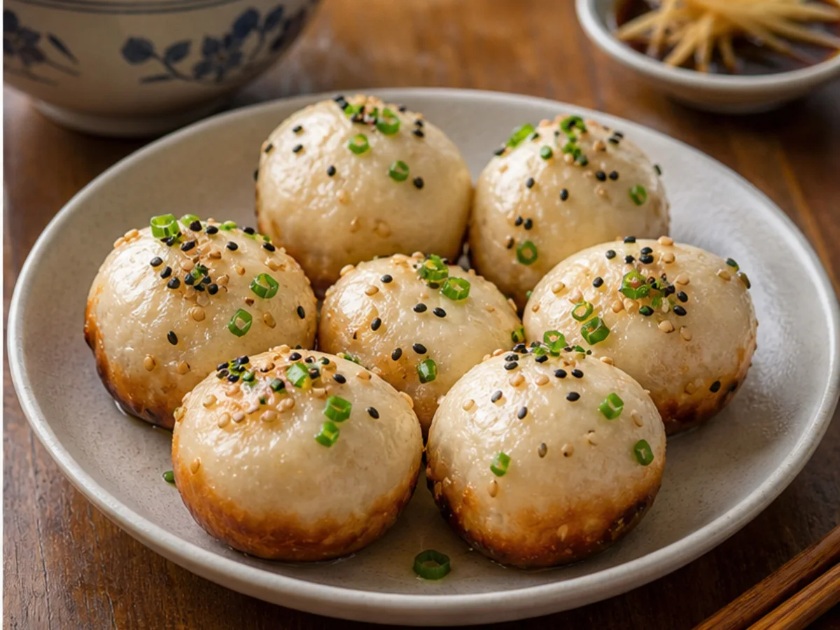 Plate of Shanghai pan-fried soup buns with sesame and scallions