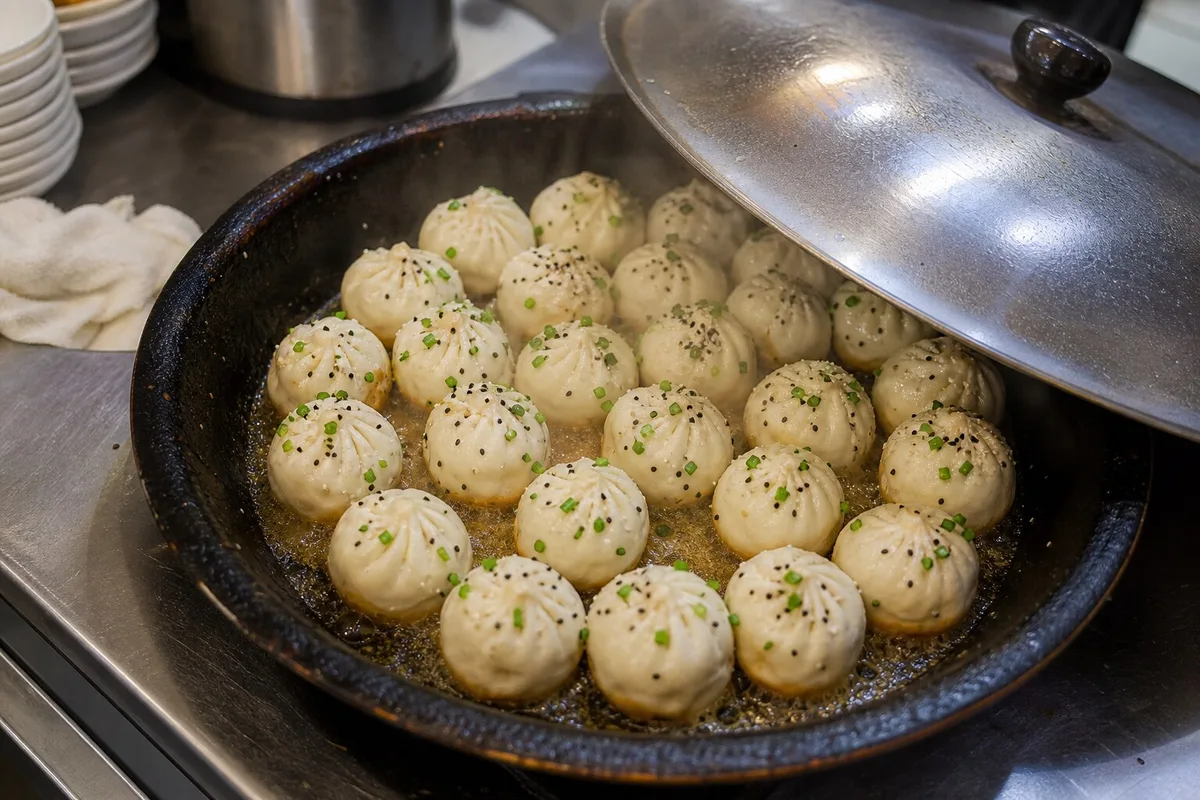 Shengjianbao cooking in a flat pan with steam, sesame, and scallions