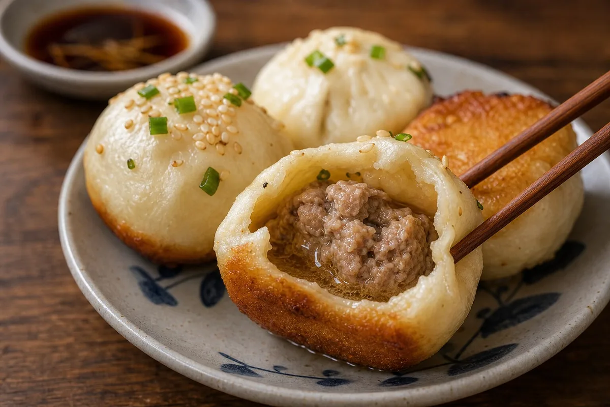 Shengjianbao opened to show juicy pork filling and a crisp bottom