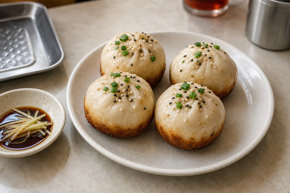 Four-piece order of Shanghai shengjianbao on a breakfast plate