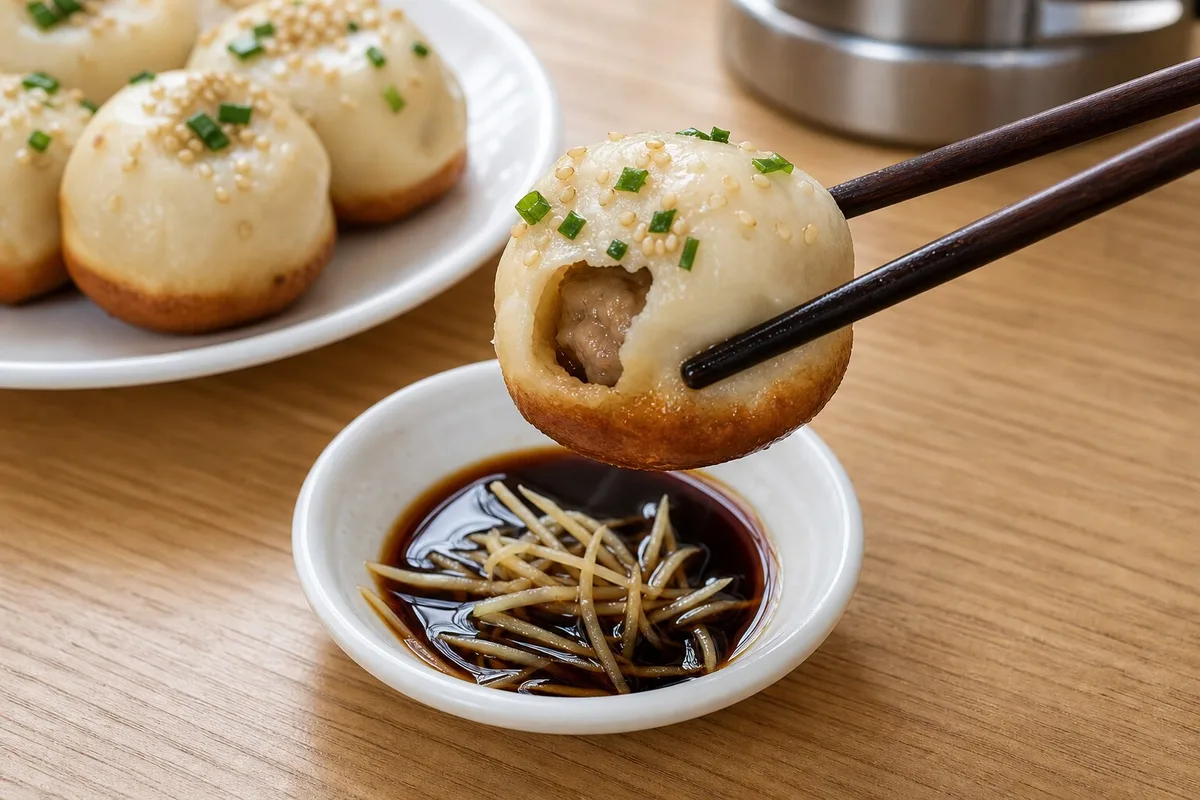 Shengjianbao dipped into vinegar with ginger while the crisp base stays visible