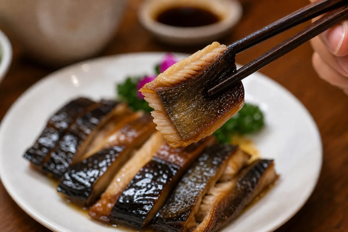 Diner lifting a piece of Shanghai smoked fish with chopsticks