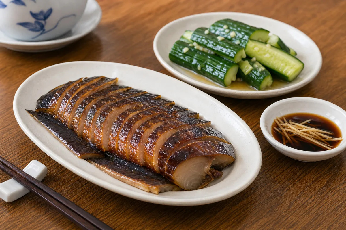 Shanghai cold appetizer table with smoked fish and cucumber side dish