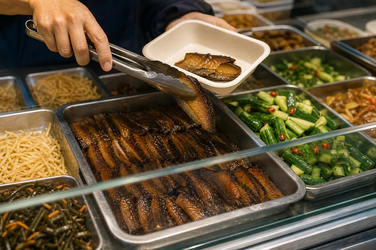 Shanghai cooked-food counter serving smoked fish from a cold appetizer tray