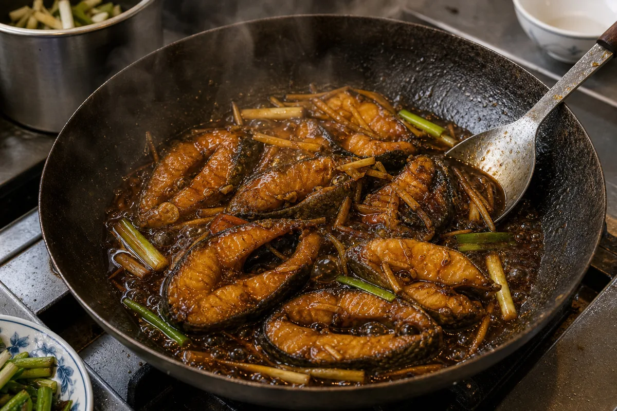 Shanghai smoked fish slices coated in dark soy-sugar sauce in a pan
