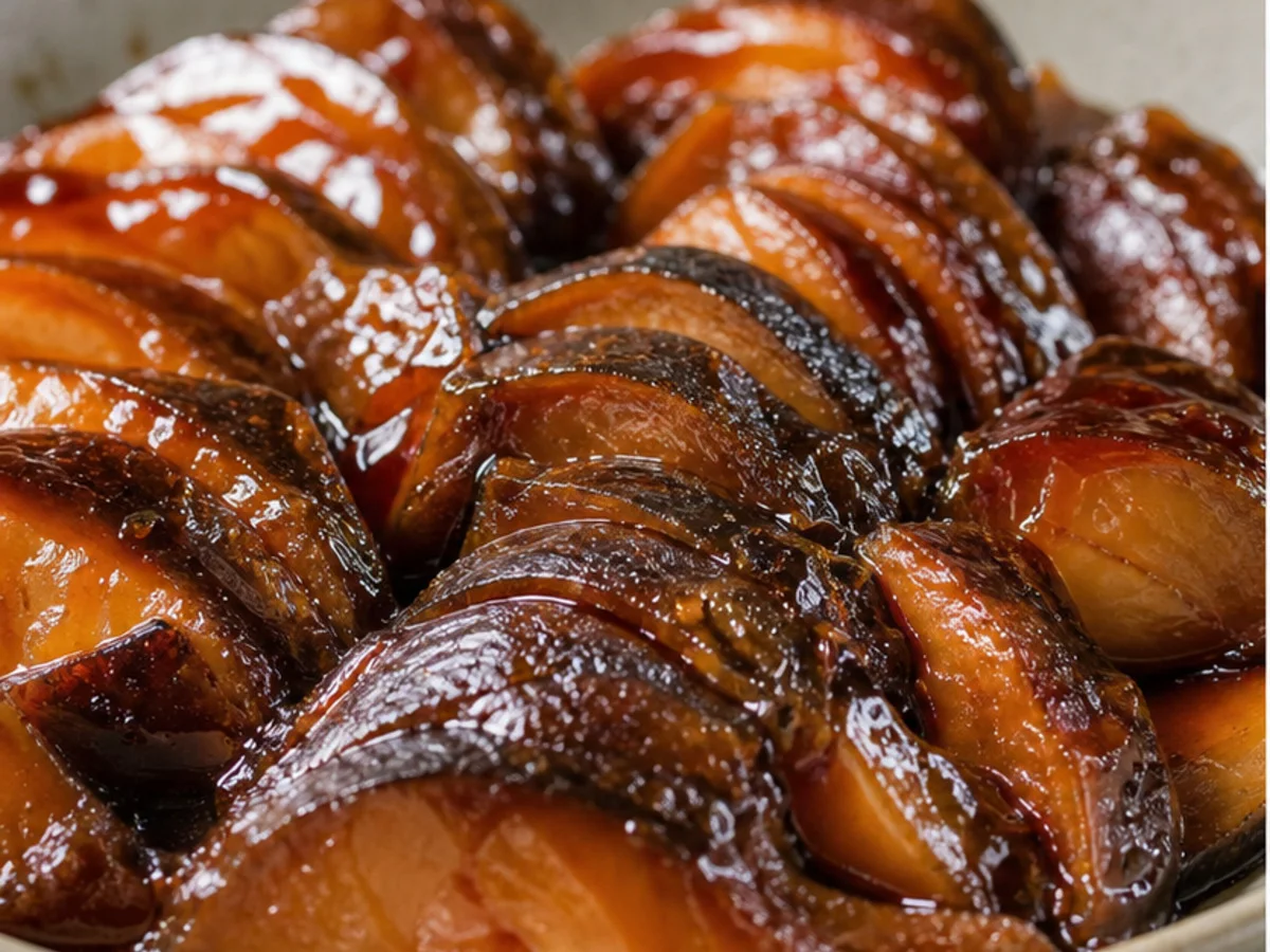 Close-up of Shanghai smoked fish slices in dark sauce