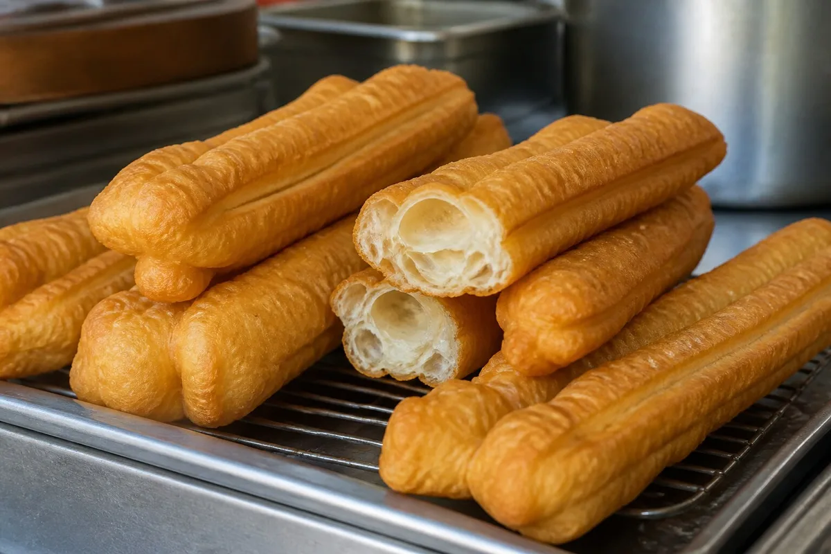 Fresh golden youtiao fried dough sticks with airy crisp texture