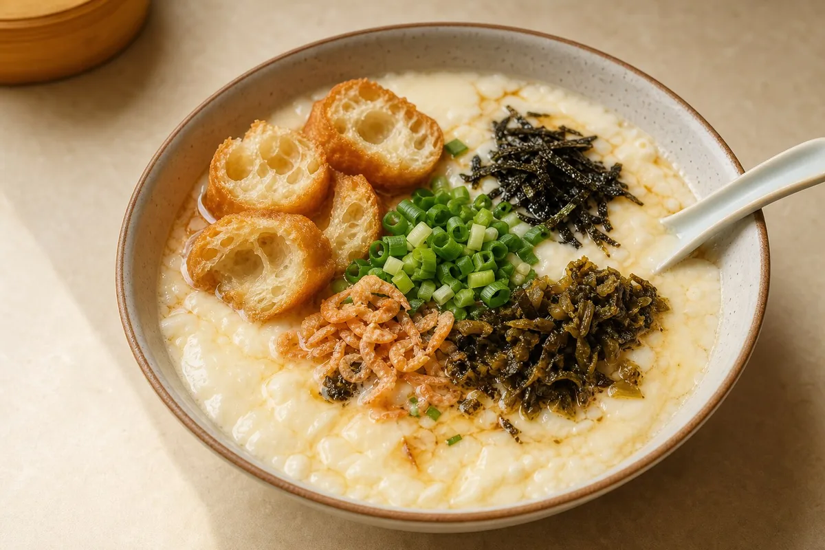 Shanghai savory soy milk bowl with chopped youtiao, scallions, seaweed, and pickles