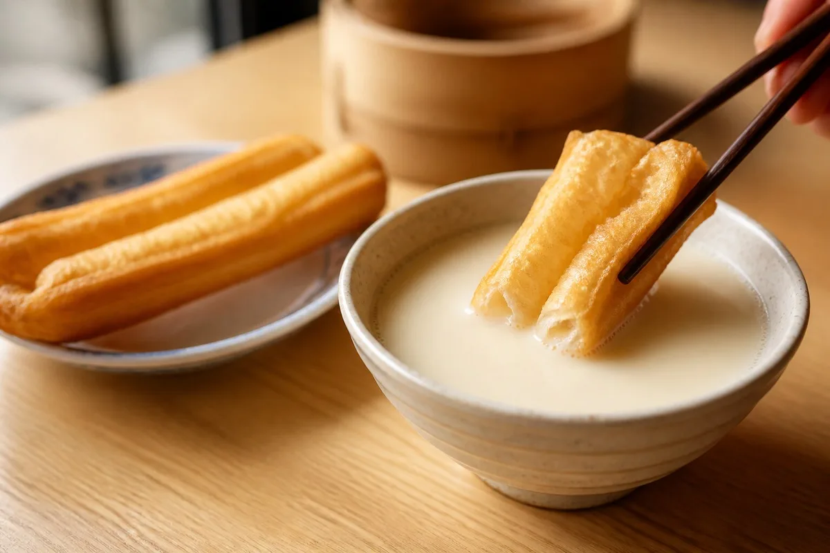 Piece of youtiao dipped into warm soy milk for Shanghai breakfast