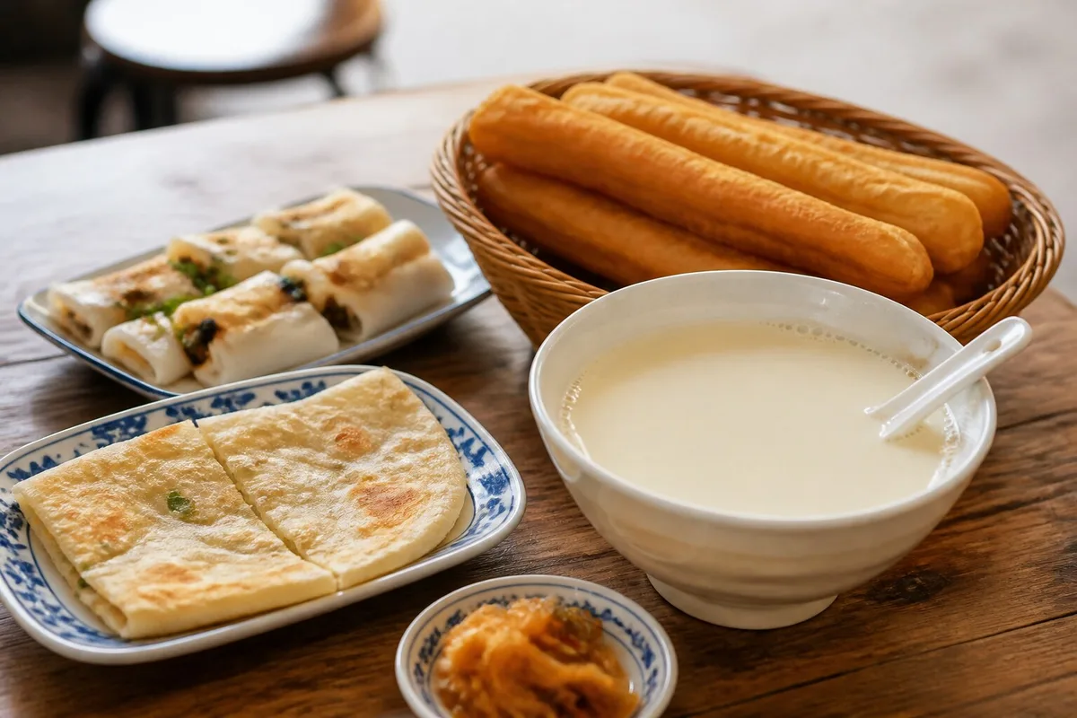Shanghai breakfast set with soy milk, youtiao, flatbread, sticky rice, and pickles