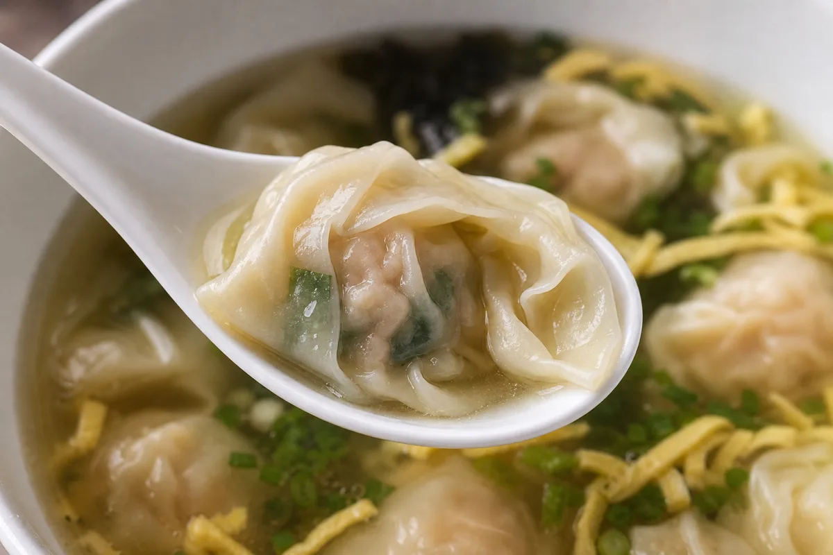 Shanghai wonton lifted in a soup spoon above clear broth