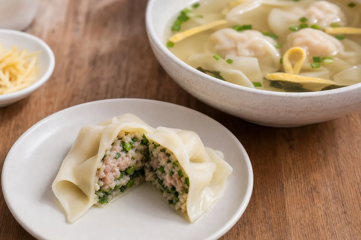 Cut-open Shanghai pork and vegetable wonton showing cooked filling