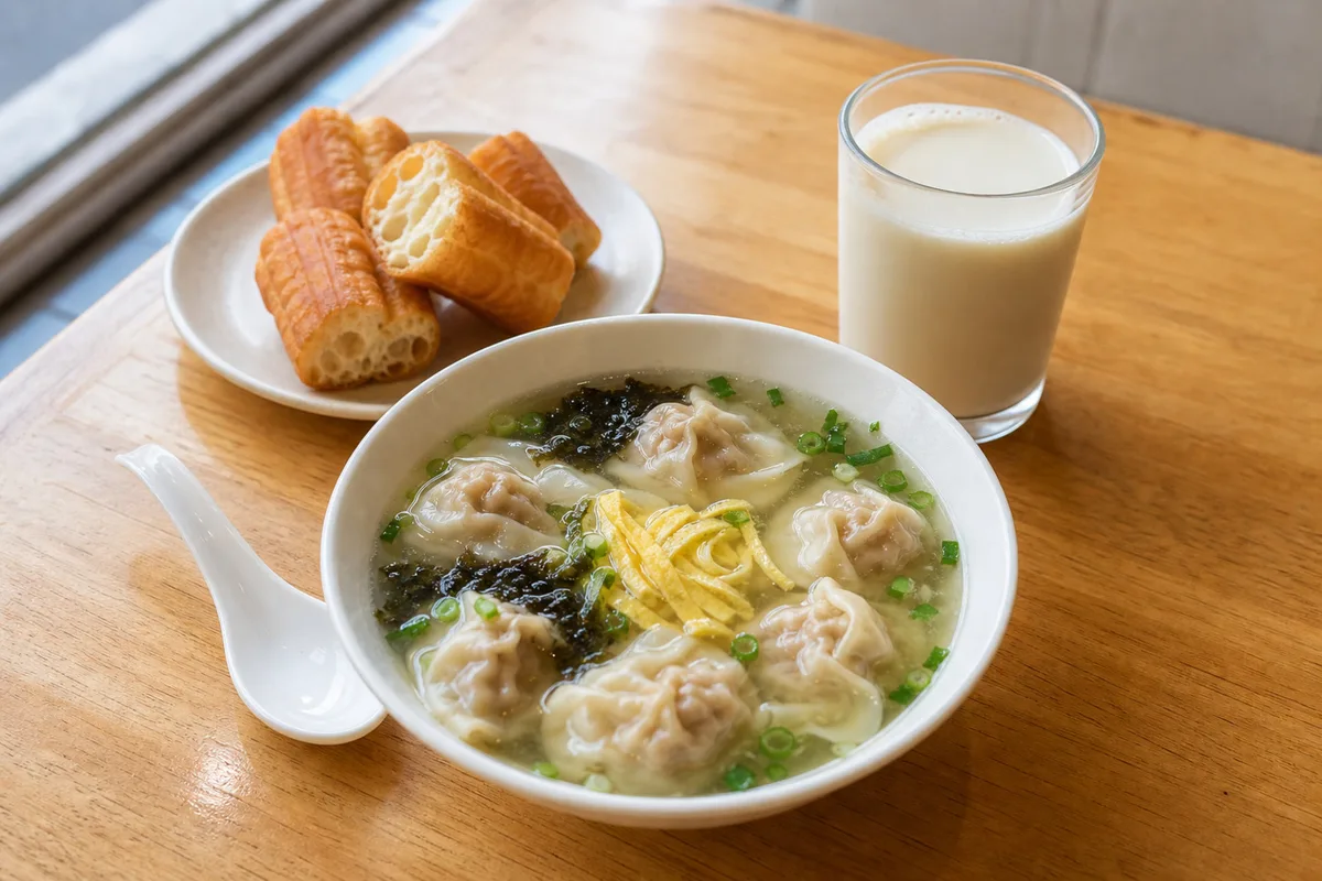 Shanghai wonton soup breakfast table with soy milk and youtiao