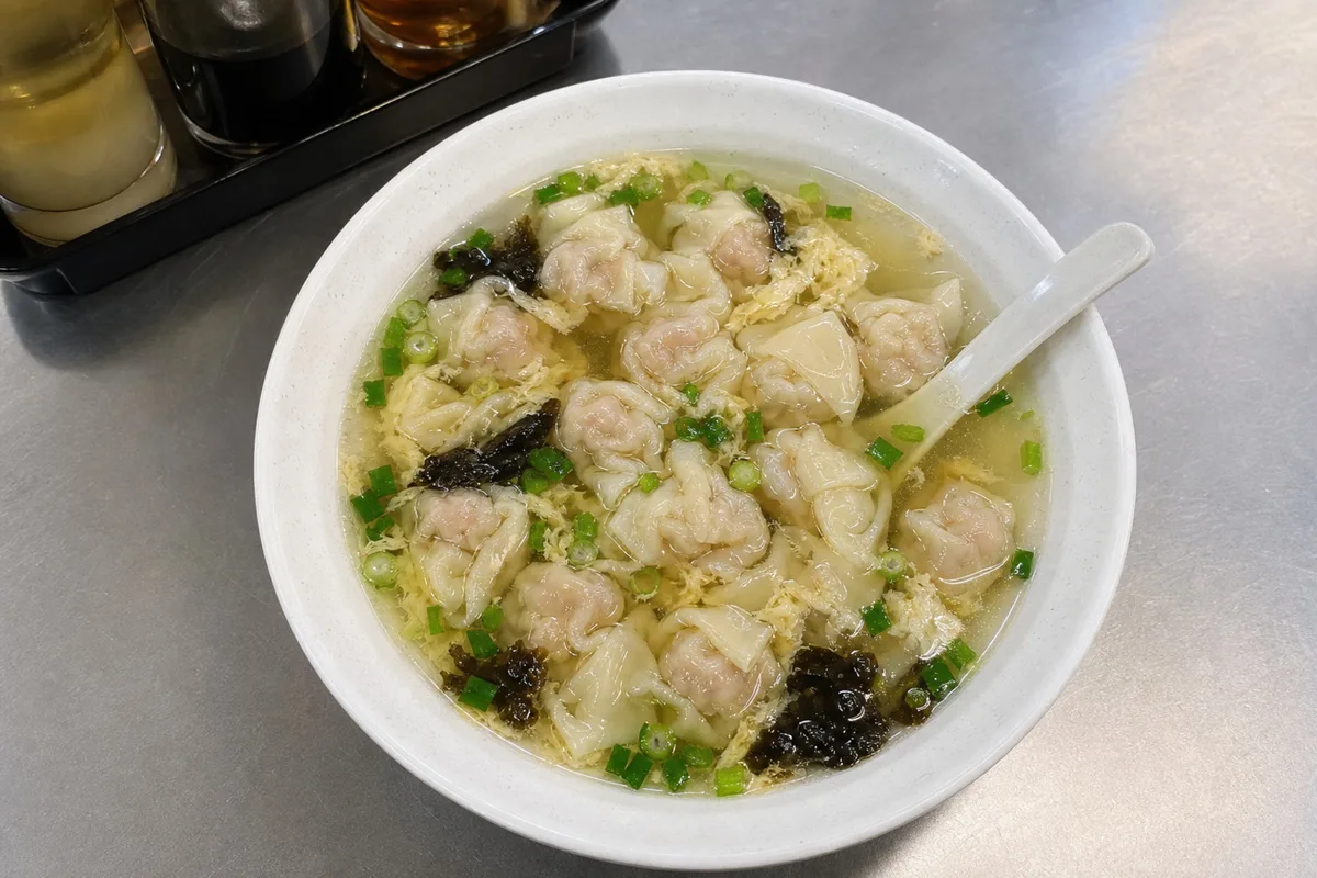 Casual breakfast shop bowl of small Shanghai wontons in clear broth
