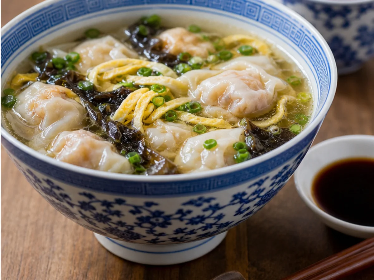 Blue-and-white bowl of Shanghai wonton soup