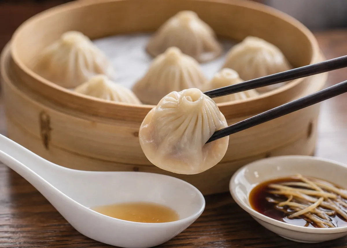 Xiaolongbao lifted with chopsticks above a spoon with vinegar and ginger nearby